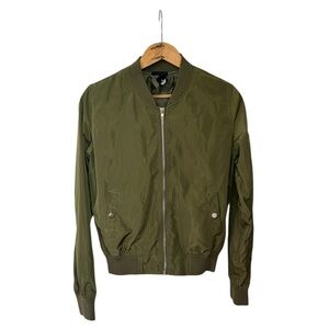 Wet Seal | Women’s Shiny Olive Green Zip Front Mock Collar Bomber Jacket, Size S